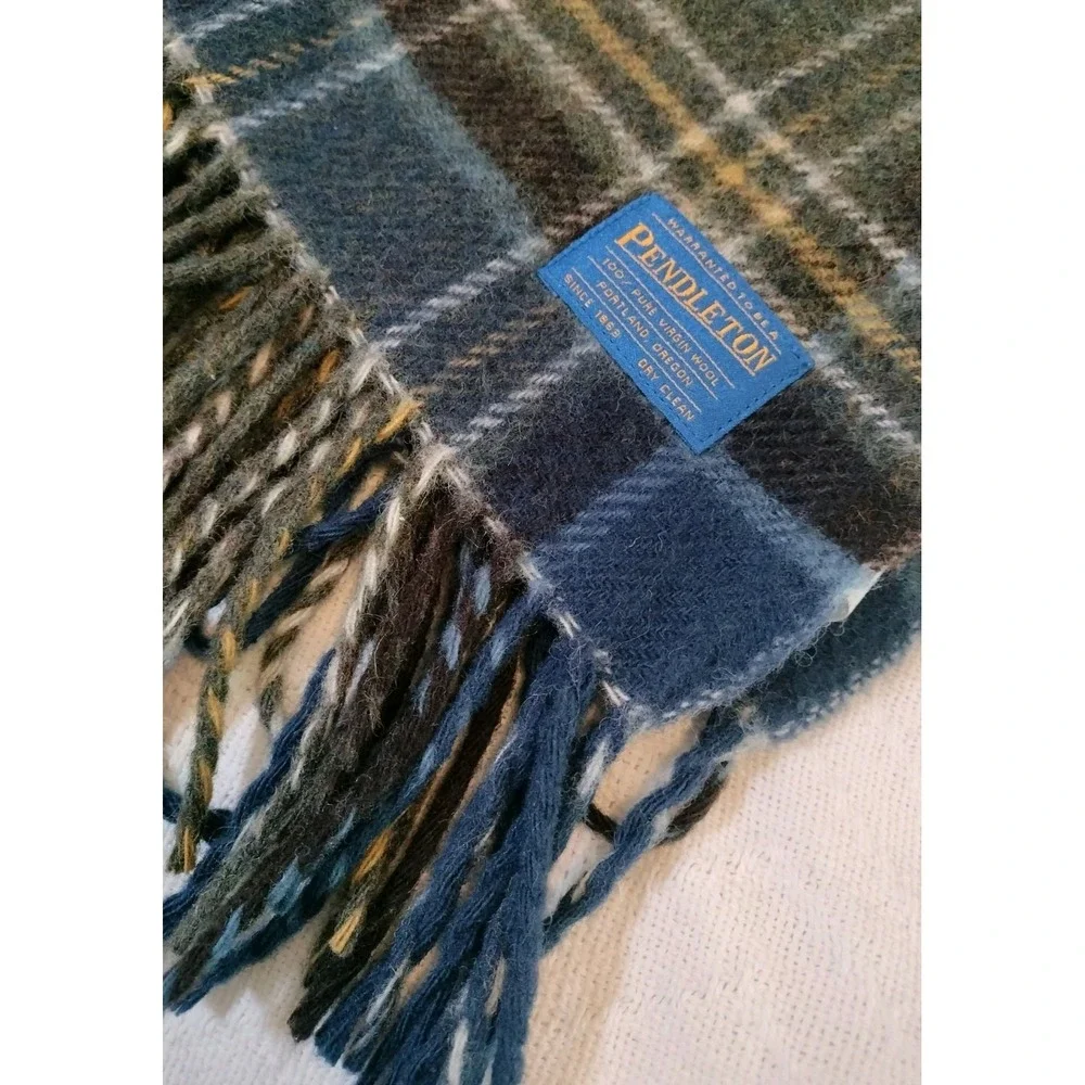 Pendleton 100% Pure Virgin Wool Throw Blanket Blue Green Plaid Tartan Fringe